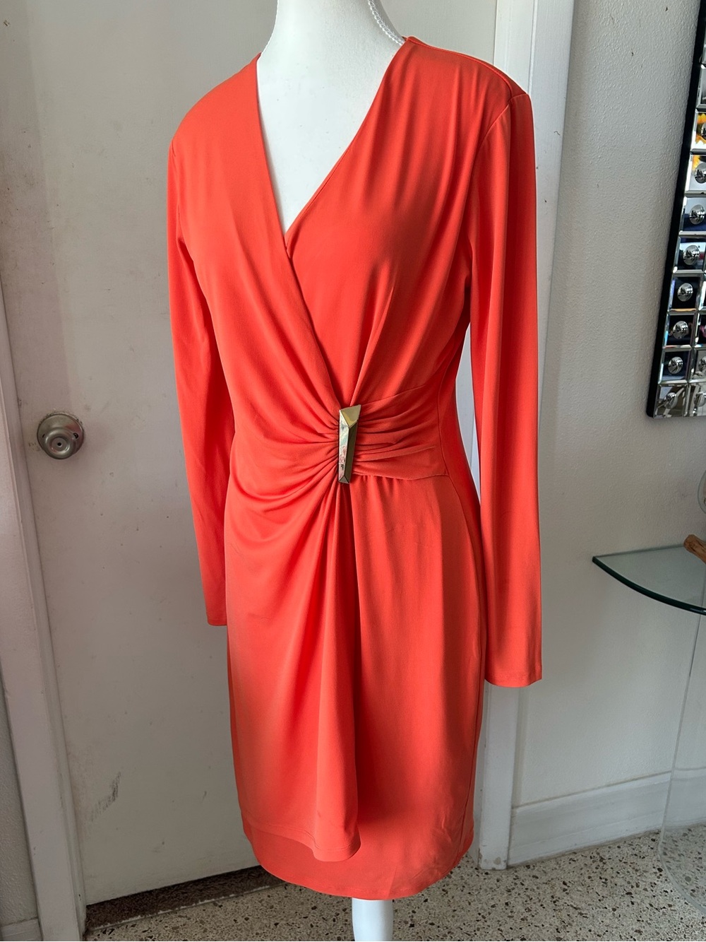 Calvin Klein Long-Sleeve Silhouette Dress with Gold Buckle